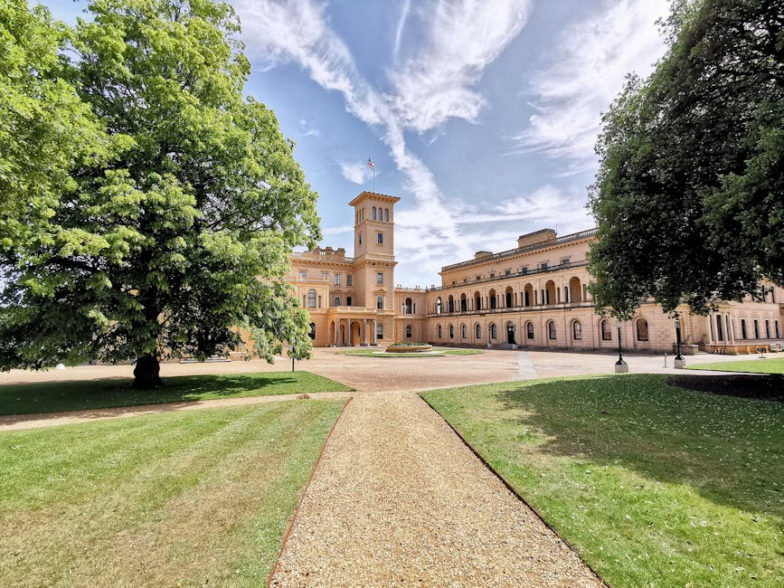 A wide view of the lush garden area in front of Fulham Palace, featuring a well-maintained gravel pathway leading directly to the historic sandstone building with classical architecture, arched windows, and a tower with a flag atop. The foreground shows trimmed grass and a large, leafy green tree on the left, with textured bark and a dense canopy providing partial shade. To the right, another tree with darker foliage contrasts against the bright blue sky, dotted with wispy white clouds. The garden appears to be in a period of maintenance or landscaping work, with the grass neatly edged and the pathway clear. The environment is well-lit with natural sunlight, highlighting the textures of the soil and the architectural details of the palace. Gardeners Fulham, a professional gardening service, might have recently performed maintenance or landscaping work in this historic outdoor space, contributing to its tidy and scenic appearance, suitable for outdoor leisure and cultural visits.