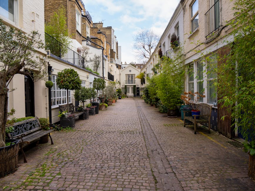 A narrow courtyard garden in Fulham mews with cobbled stone paving, flanked by white and beige terraced houses featuring large windows and black iron balconies. The garden beds along both sides are filled with neatly trimmed, rounded topiary trees, mature shrubs, and various potted plants, some with lush green foliage and others with sparse or bare branches. On the left, there are wooden benches and benches with intricate metalwork, while the right side shows a wooden fence with climbing plants and an assortment of pots and containers. The overall scene depicts a quiet, well-maintained outdoor space with an emphasis on garden maintenance and landscaping work suitable for small, challenging gardens and courtyards in urban settings, as highlighted in the page titled 'Garden clearance challenges in Fulham mews and narrow gardens' and provided by Gardeners Fulham.